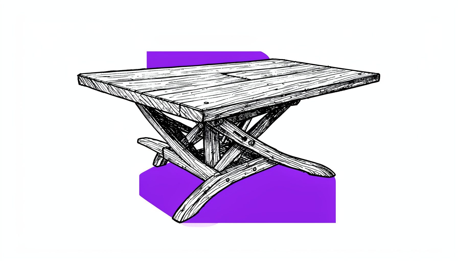 Hand-drawn ink illustration of an adjustable-height coffee table with a lift mechanism, detailed wood grain texture