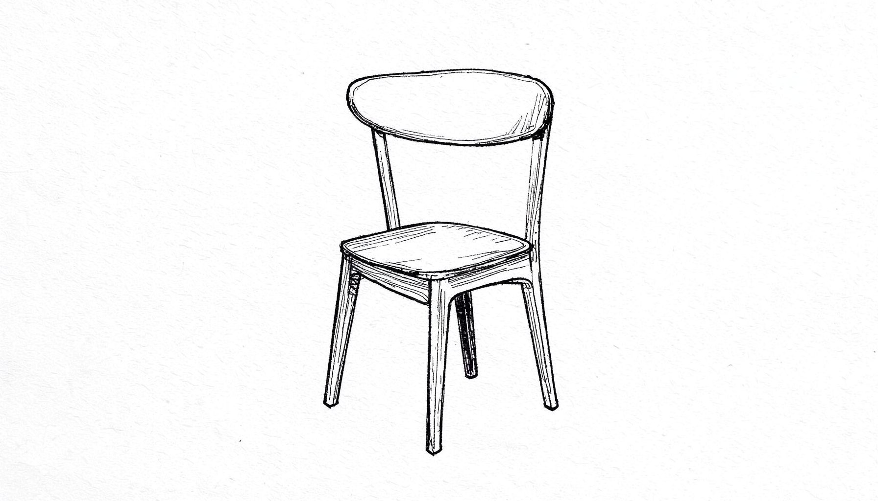 Hand-drawn ink illustration of a minimalist wooden dining chair with a curved backrest, clean lines on textured paper
