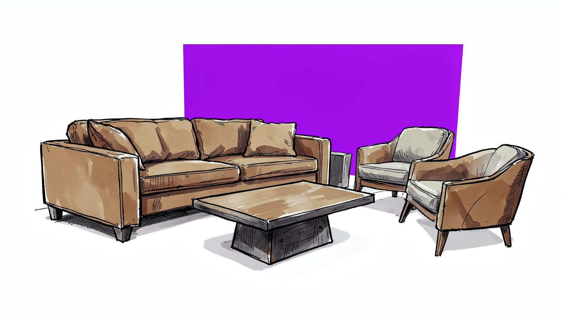 A hand-drawn ink illustration of a modern living room with a sleek adjustable-height coffee table in the foreground, surrounded by a sofa and armchairs, rendered in warm earthy browns and soft grays.