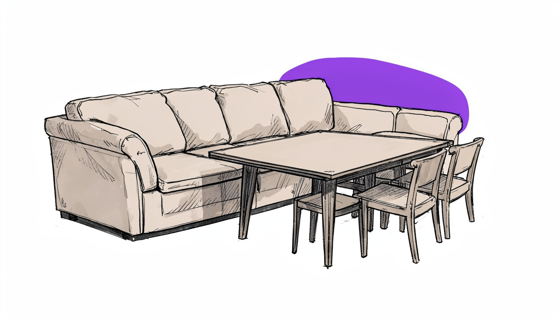 Hand-drawn ink sketch of a multifunctional sofa that transforms into a dining table, with soft beige and charcoal tones.