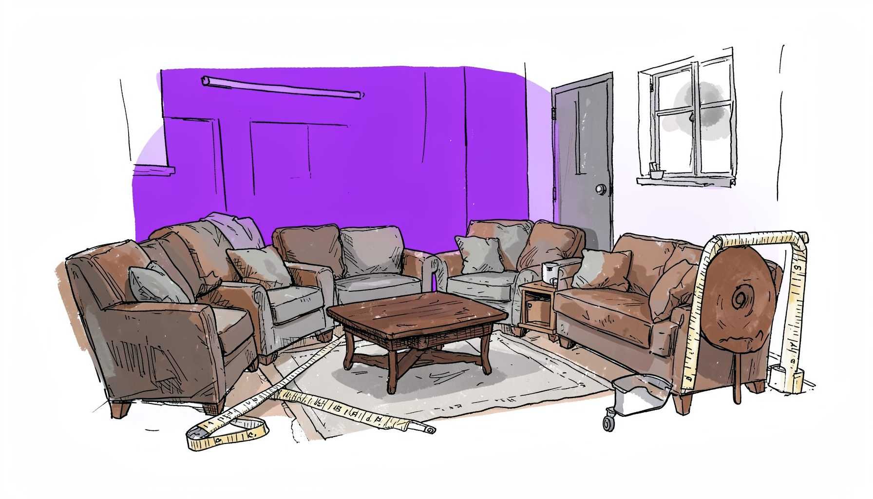 Hand-drawn ink illustration of a living room with various furniture pieces and measuring tape, in warm browns and muted grays.