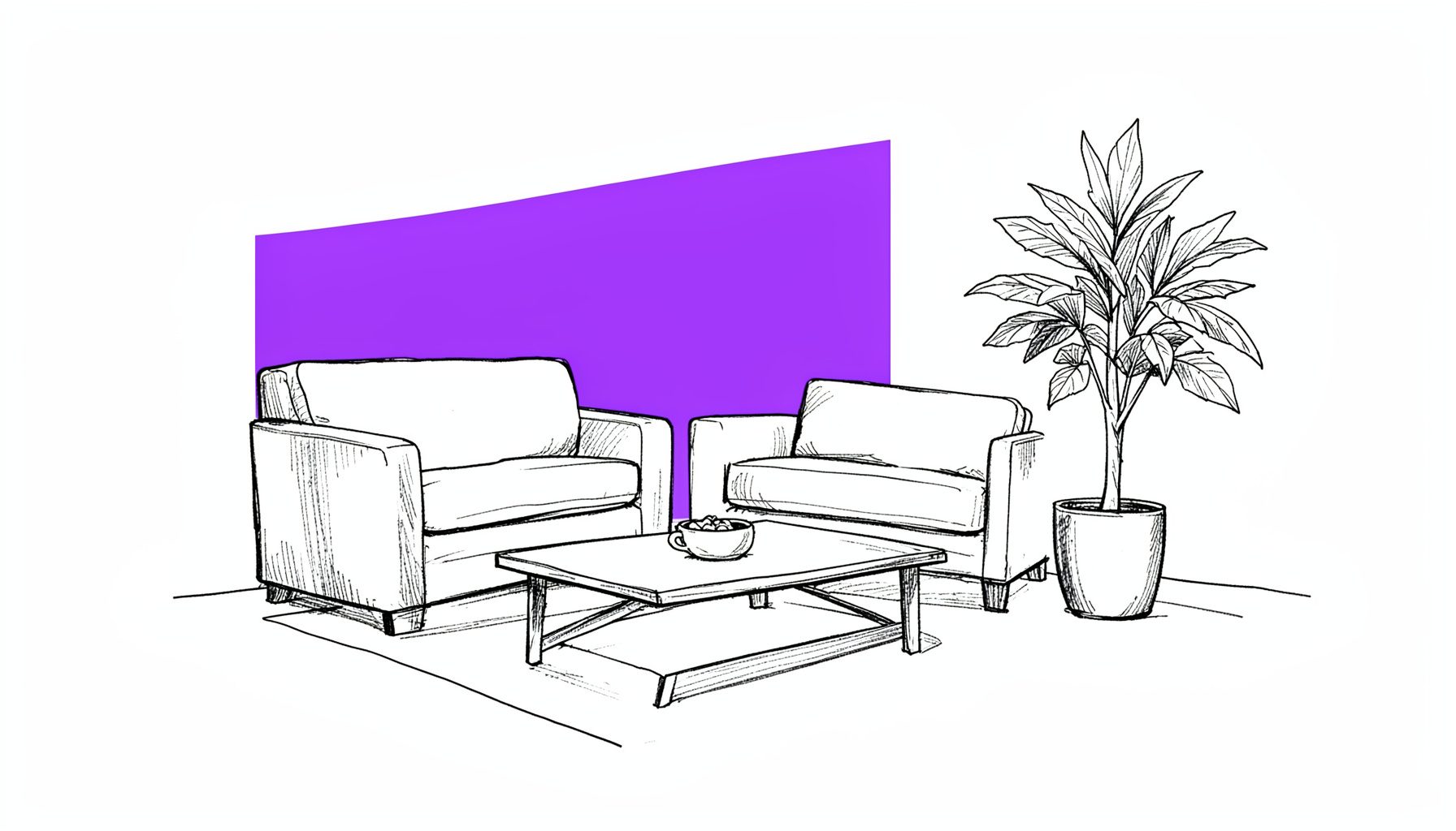 Hand-drawn ink illustration of a modern living room interior with a low coffee table, armchair, and potted plant in soft monochrome linework
