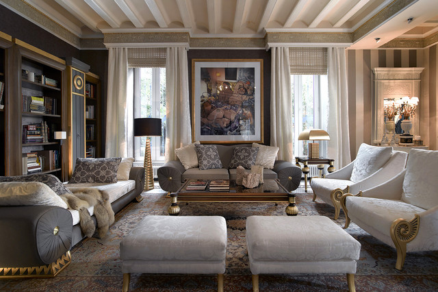 Hand-drawn ink illustration of an elegant living room with beige and gray upholstered sofas and armchairs, a patterned rug, and tall bookshelves in a calm, refined mood
